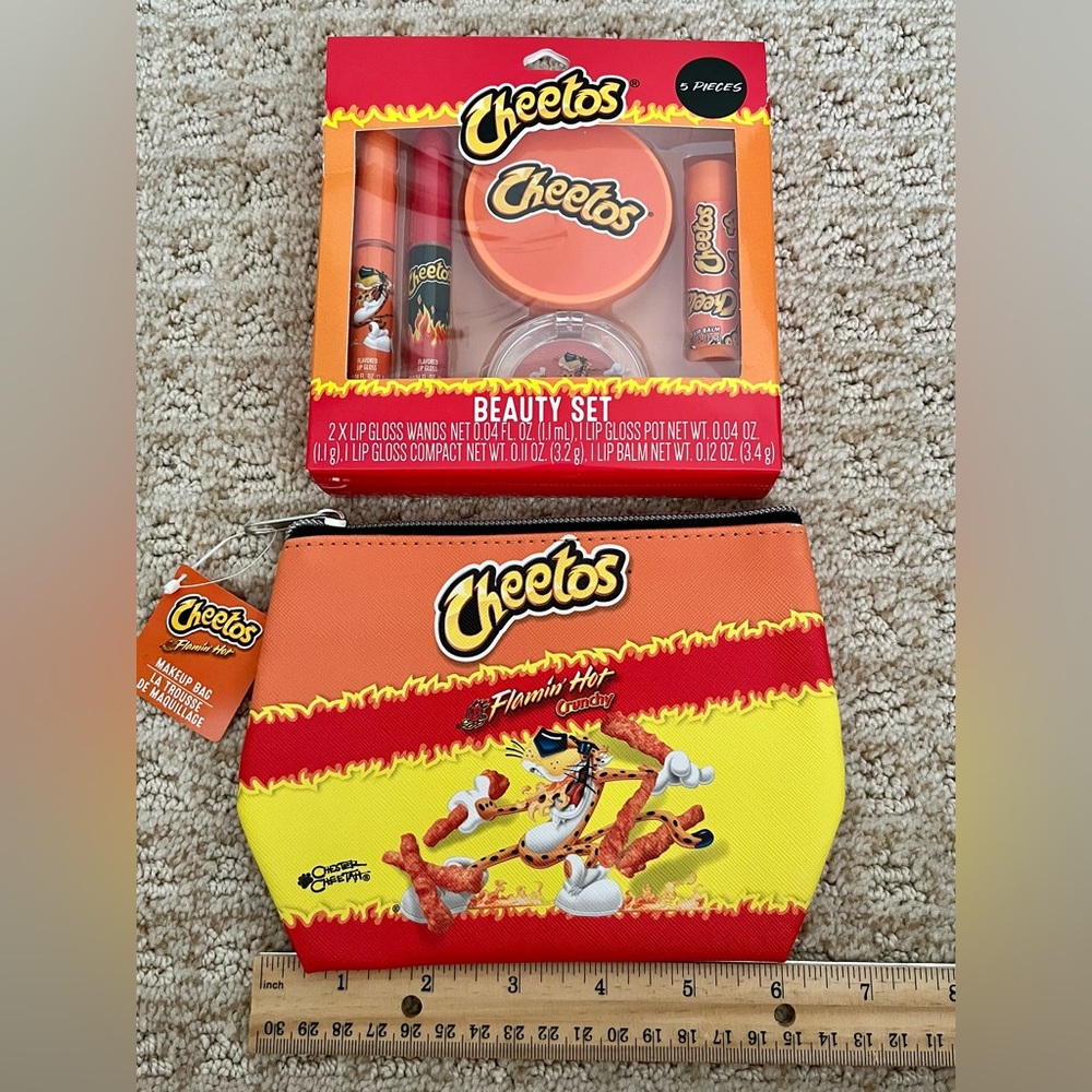 Cheetos 5 Piece Beauty Set w/ Lip Gloss and Balm & Flamin Hot Makeup Bag Pouch